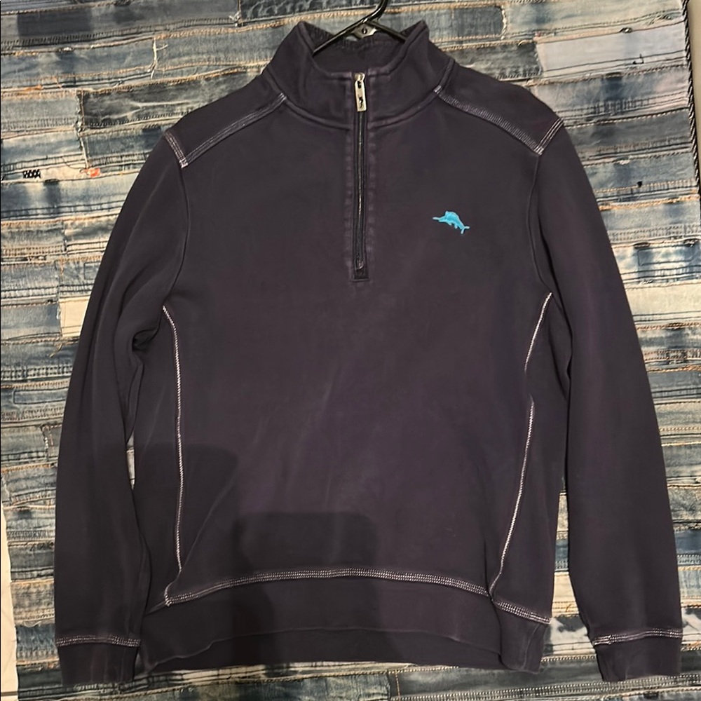 Blue Zip Up Sweater with Quarter Zip and Stand Up Collar